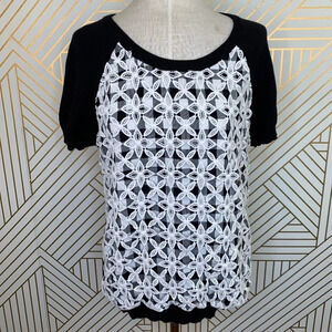 Anthropologie Moth‎ Facade Sweater Short Sleeve Lace Gingham Black White Size XS